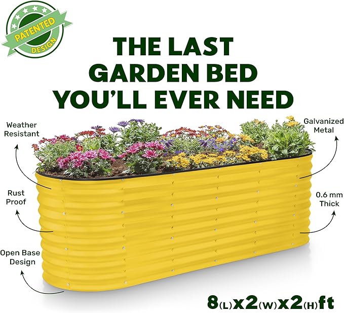 Plant & Plot Galvanized Raised Garden Beds Outdoor // 8×2×2 ft Planter Raised Beds for Gardening, Vegetables, Flowers // Large Metal Garden Box (Yellow) // Patented Tool-Free Design