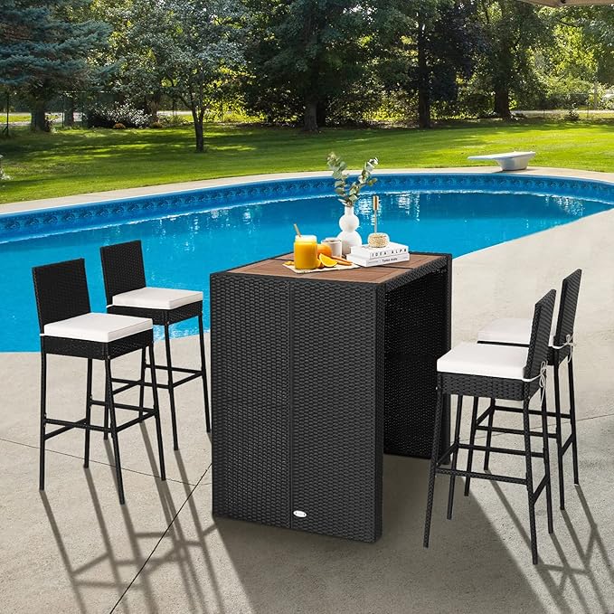 Tangkula 5 Piece Patio Wicker Bar Set, Patiojoy Outdoor Acacia Wood Bar Height Table & 4 Rattan Bar Stool Chairs with Backrest and Footrest, Outdoor Dining Bistro Set