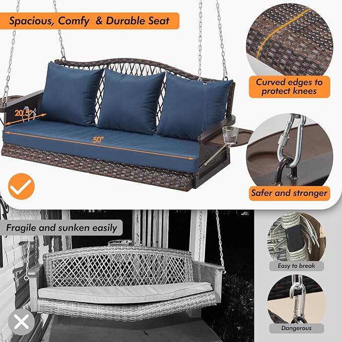 Upgraded Wicker Hanging Porch Swing Heavy Duty 900 LBS 3-Seat Outdoor Patio Swing Chair Bench for Adult w/ 8.9ft Hanging Chains Cushions and Cup Holder