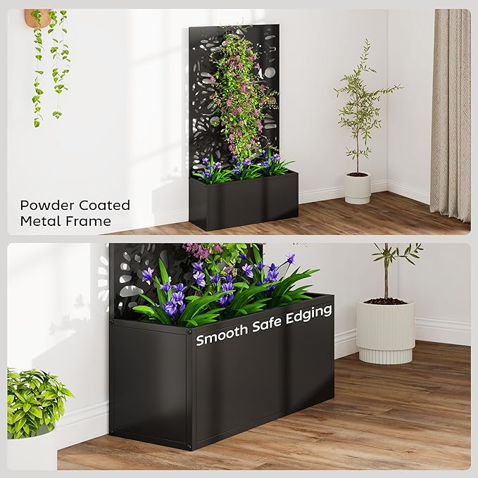 Outsunny Metal Raised Garden Bed with Trellis for Climbing Plants, Freestanding or Wall Mounted Flower Bed with Privacy Panel, Butterfly Cut-Out Outdoor Planter Box for Garden, Patio, Balcony