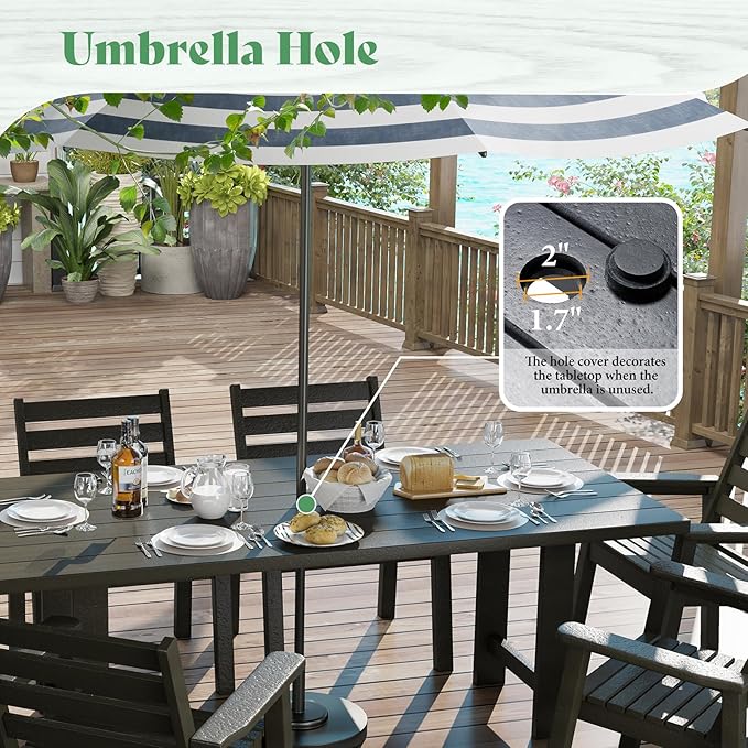 AMERLIFE 7-Piece HDPE Outdoor Dining Set with Umbrella Hole, 71" L Patio Table and Chairs Set for 6, Modern Garden Dining Set for Backyard, Poolside, Seaside, Porch, Black