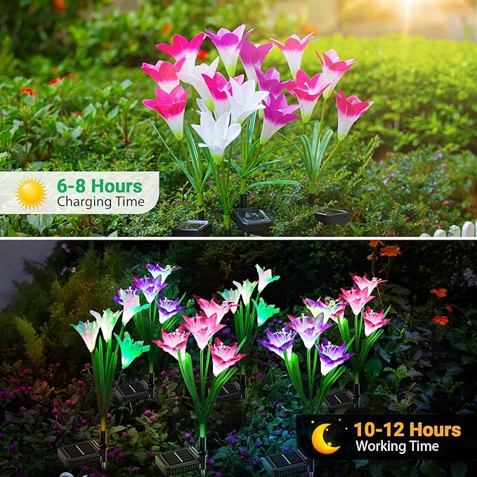 WdtPro Solar Outdoor Lights Garden Decorative 10 Pack, Waterproof Solar Garden Lights with 40 Lily Flowers, Multi-Color Changing Outdoor Solar Lights for Yard Outside Decorations
