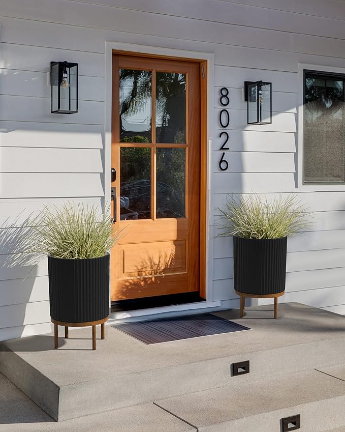 Veradek Demi Series Round Planter w/ Stand for Porch/Patio | Durable Plastic-Concrete & Wooden Stand | Modern Décor for Tall Plants, Flowers