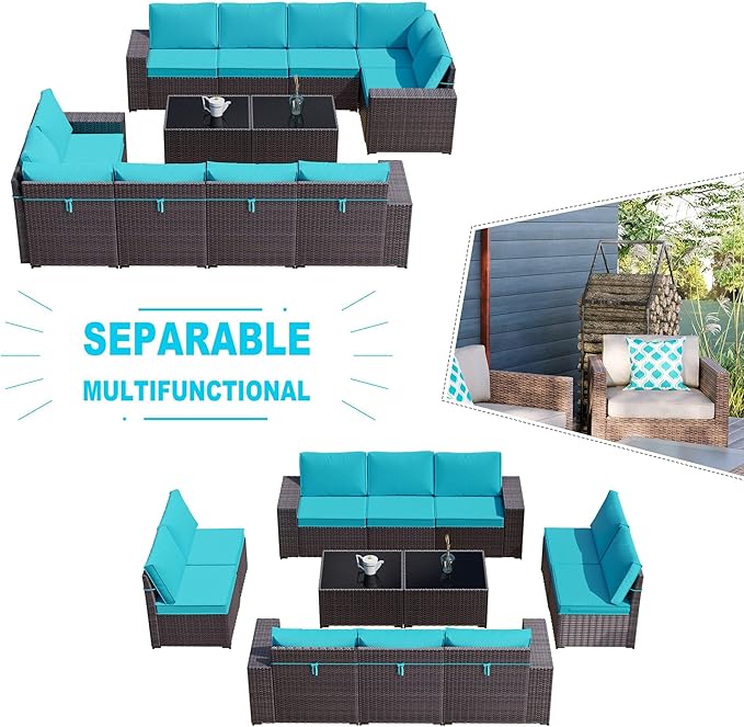 Kullavik 12 Pieces Outdoor Patio Furniture Set PE Wicker Rattan Sectional Sofa Patio Conversation Sets,Blue