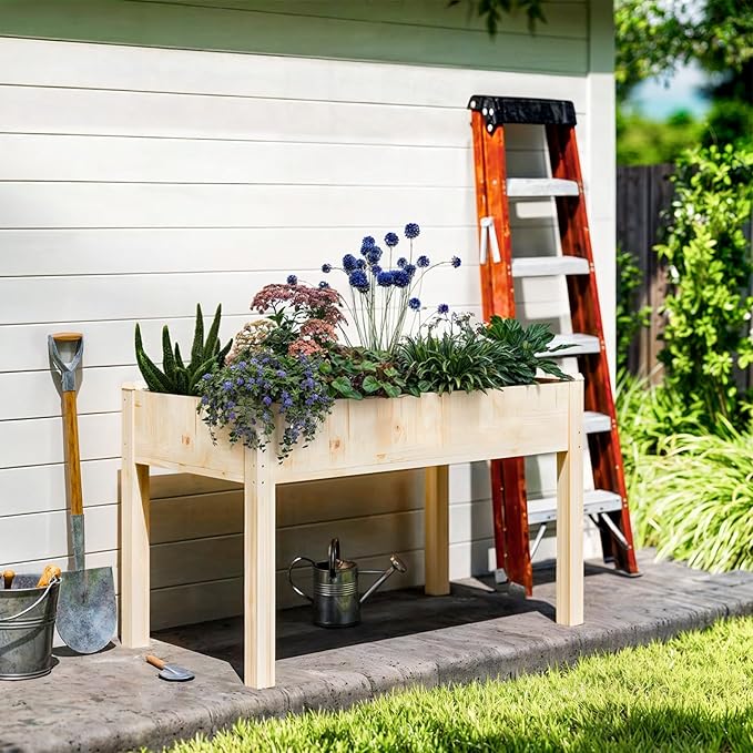 DUMOS Raised Garden Bed with Legs, 48x24x30in Wood Elevated Planter Box w/Bed Liner for Herbs Flowers Vegetables, 300lbs Capacity Outdoor Gardening Planters for Patio Balcony Backyard, Natural Wood