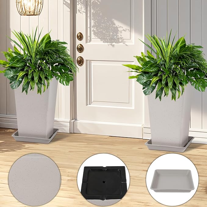 Set of 2 Tall Planter, 21 inch Large Plastic Planter with Drain Hole & Saucers, Large Outdoor Planters for Porch, Garden, Patio, Balcony(Light Gray)