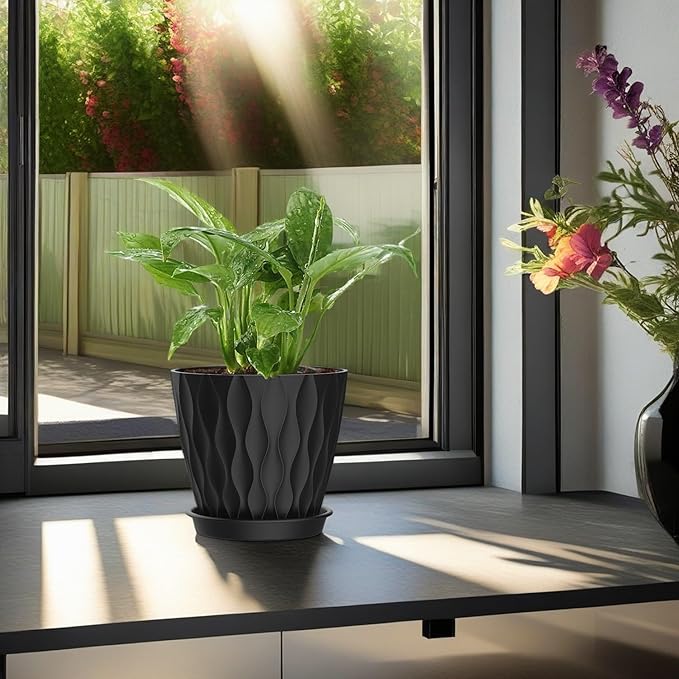 4 Inch Plant Pots, 6 Pack Indoor Flower Pots, Planters with Drainage Holes and Trays for Orchids, Violets, Succulents, Herbs, and Other Plants, Black
