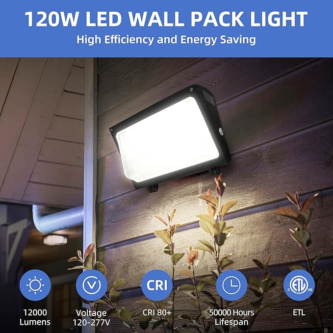 hykolity 120W LED Wall Pack Light with Dusk-to-Dawn Sensor,16200lm 5000K Daylight Commercial Security Lighting,750W MH Equivalent, 100-277V, Waterproof LED Outdoor Wall Mount Light for Warehouses