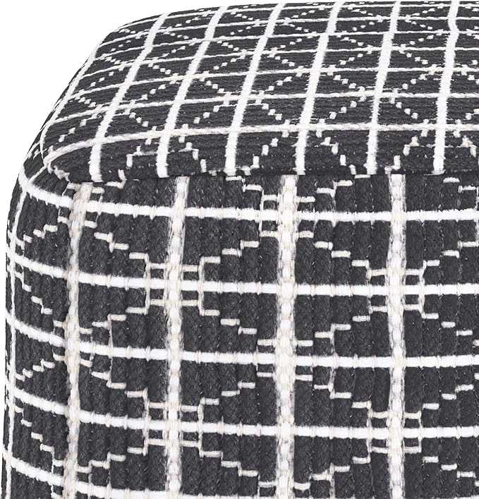 SIMPLIHOME Noreen Square Pouf - 18 inch Wide Upholstered Handwoven Cotton Ottoman in Slate Grey and White, Boho Footstool or Extra Seating for Living Room with Polystyrene Filling, Assembled
