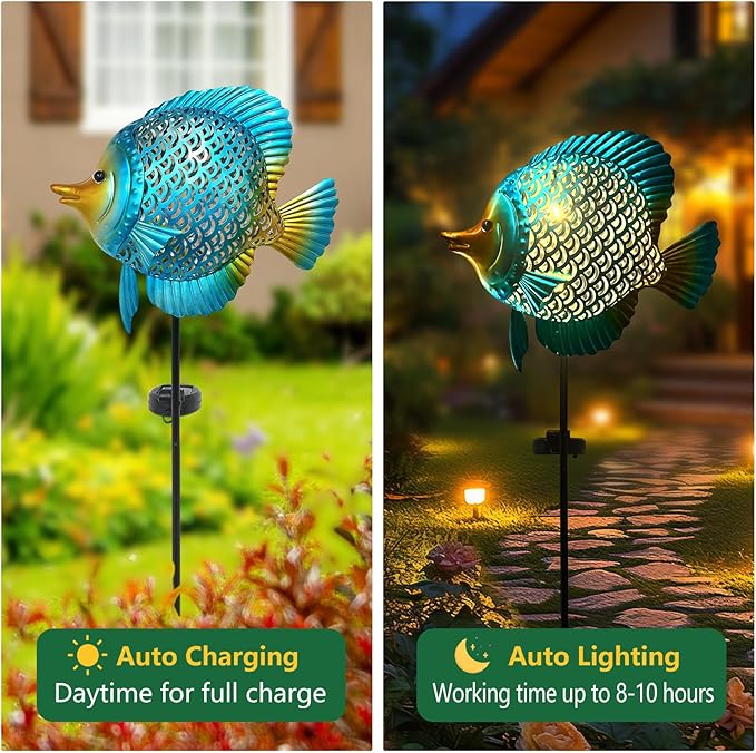 HONGLAND Outdoor Fish Solar Garden Lights with LED Light, Metal Fish Design Waterproof Solar Garden Decorative Stake for Lawn, Yard, Patio, Landscape Decoration