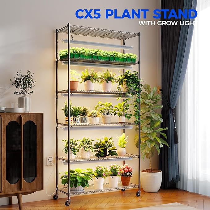 Barrina CX6 Plant Stand with Grow Lights, 3FT T8 30W(Per Light) Full Spectrum Yellow LED Plant Lights, Indoor Plant Shelf for Multiple Plants with On/Off Timer Socket, 6-Tier 35.4"x13.8"x70.9"