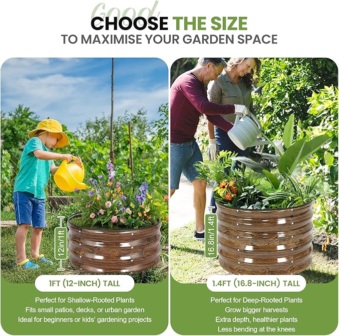 G GOOD GAIN Round Raised Garden Bed - 2x2x1.4ft Galvanized Steel Planter Boxes Outdoor with Rubber Edge Trim | Metal Raised Beds for Gardening Vegetables Flowers Fruits Herbs (Wood Grain)