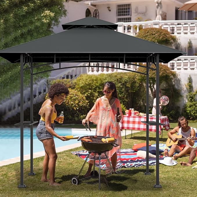 Grill Gazebo Replacement Top, 5 * 8 Outdoor BBQ Top Cover, Double Layer BBQ Gazebo Top Canopy for Model #L-GG001PST-F(Dark Gray)
