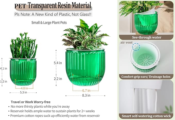Melphoe Self Watering Pots for Indoor Plants Planter, 8.3/5.3 Inch 2 Pack Planters Self Watering Plant Pots for Flower, Houseplants, Succulent, African Violets and Cactus with Drainage