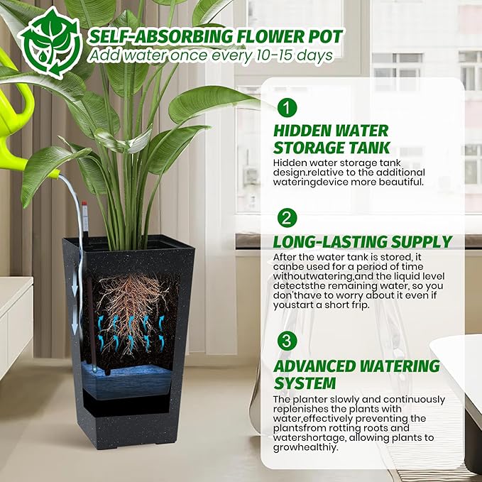 Garvee 16" Tall Planters Set of 2, Outdoor＆Indoor Black Planter Pots, High Front Porch Planter Pots with Drainage Holes＆Water Level Monitor＆Inner Bucket,Black