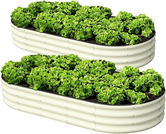 SnugNiture 2 Pcs 6x3x1ft Raised Garden Bed Kit, Outdoor Oval Metal Garden Planter, Ground Planter Box for Gardening Vegetables Flowers, White