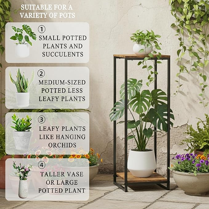 34" Tall Plant Stand Indoor, 2-Tier Modern Plant Shelf, Corner Flower Pot Holder Organizer for Living Room Balcony Patio Garden (Rustic Brown)