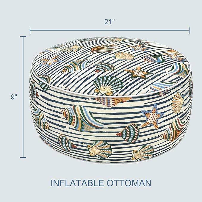 LVTXIII Indoor/Outdoor Inflatable Ottoman with Handle D21 x H9 Inch, Weather-Resistant Round Footstool Pouf for Patio Camping Living Room, Portable Footrest Extra Seating, Cabana Shells