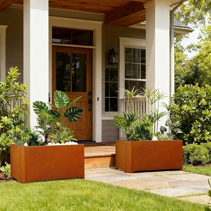 Corten Steel Planter Box-36"x15"x15"-Large Rectangular Planters For Outdoor Plants, Heavy Duty Rustic Tall Planter With Raised Support Feet For Patio, Deck, Garden, Yard, Drain Holes, Easy Assembly