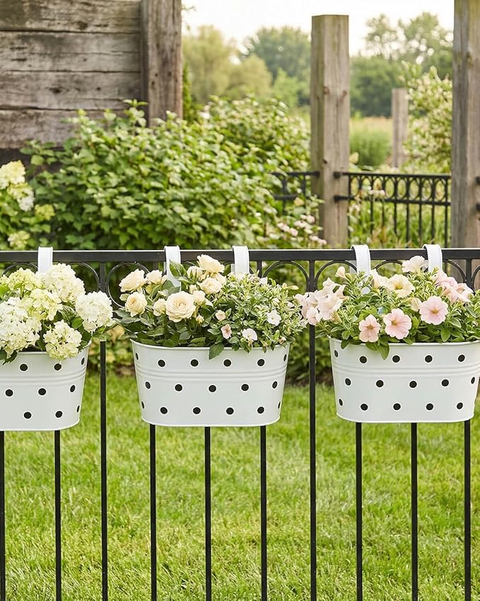 Railing planter box - 3 Pack Metal Hanging Flower Pots with Detachable Hooks & Drainage Holes, Window Oval Bucket Fence Hanging Planters for Outdoor Plants Garden Balcony Home Decor, White with Spot