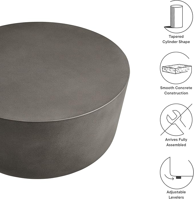 Modway Brion 34 Inch Round Concrete Coffee Table – Indoor/Outdoor Tapered Cylinder Coffee Table – Low Center Table for Living Room or Patio in Gray