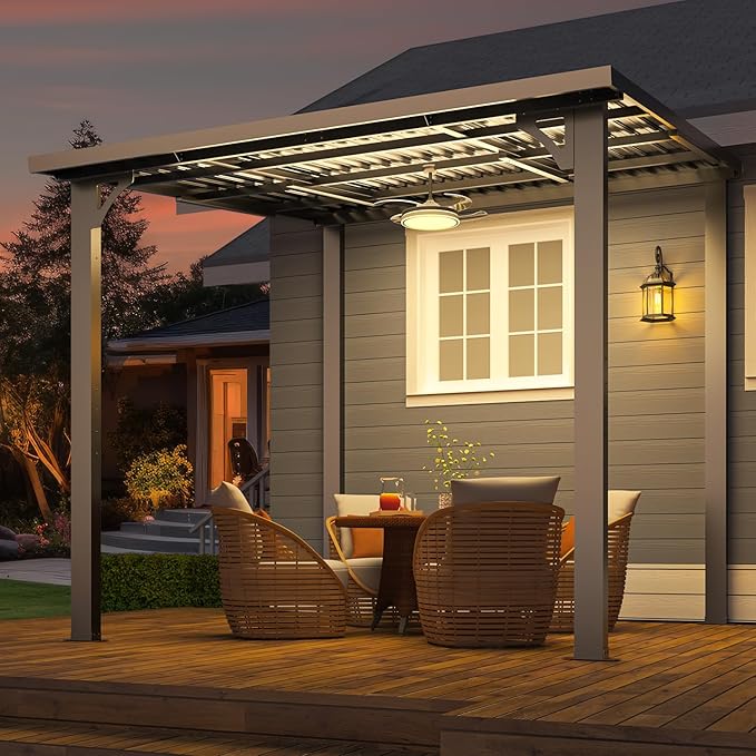 AECOJOY 8x8 Hardtop Gazebo Outdoor Pergola, Small Heavy Duty Lean to Metal Pergolas and Gazebos Clearance, Wall-Mounted Grill Gazebo Galvanized Steel Patio Roof Awnings for Patio, Decks