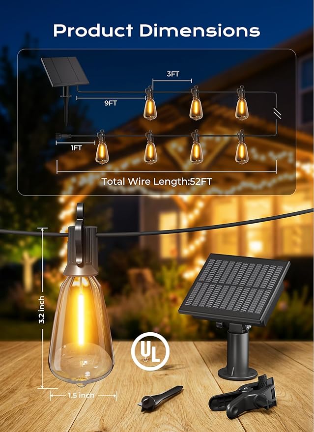 Brightown 52FT Solar String Lights Outdoor Waterproof, Patio Lights with Remote and 15+1 LED Shatterproof Bulbs, Dimmable & Timable, 3 Light Modes, Solar Lights Outdoor for Yard Garden Camping Party
