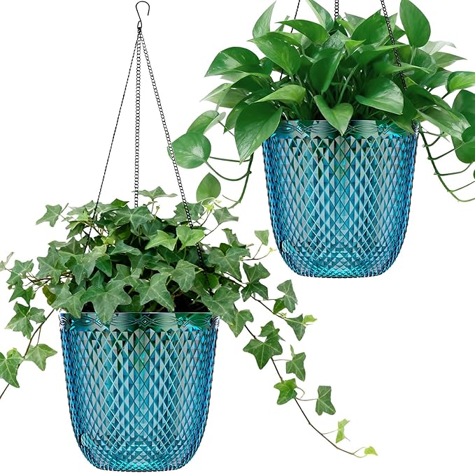 QCQHDU Self Watering Hanging Pots, 2 Pack 7.2 Inch Hanging Planters for Plants Indoor, Outdoor Plant Hanger Flower Pots with Drainage Holes and 3 Hooks Chains for Garden Home (Klein Blue)