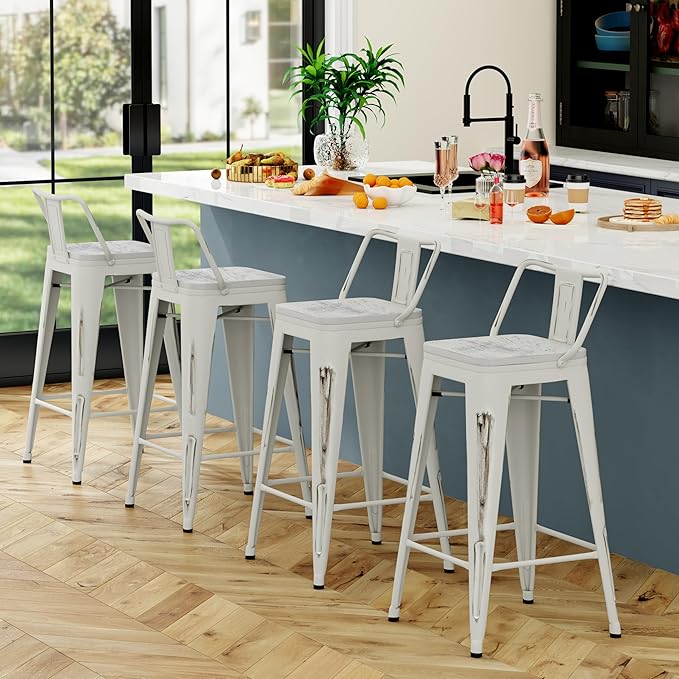 Yongchuang 26" Industrial Metal Barstools Set of 4 Counter Height Bar Stools with Back (Wood Top Low Back, Distressed White)