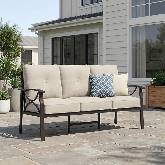 RoyalCraft Patio 3 Seats Sofa, All-Weather Outdoor Couch, Patio Furniture Sofa, Khaki Metal Chair with Beige Cushions
