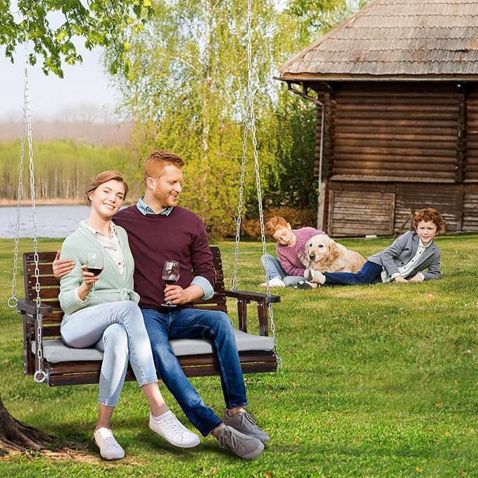 VINGLI Outdoor 4 FT Porch Swing, Heavy Duty 880 LBS Wooden Patio Swings with Cushions, Farmhouse Style Hanging Bench with Adjustable Chains for Yard | Garden | Lawn | Balcony, Rustic