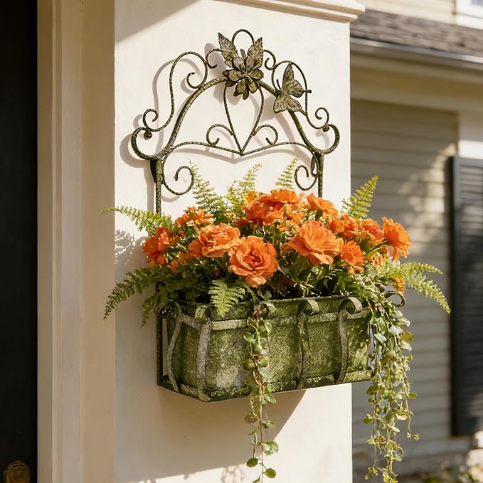 Rustic Metal Wall Planter Vintage Wall Mounted Flower Pot Farmhouse Distressed Wall Hanging Plant Basket with Floral & Butterfly Decor for Indoor Outdoor Garden Home Yard (Green#2)