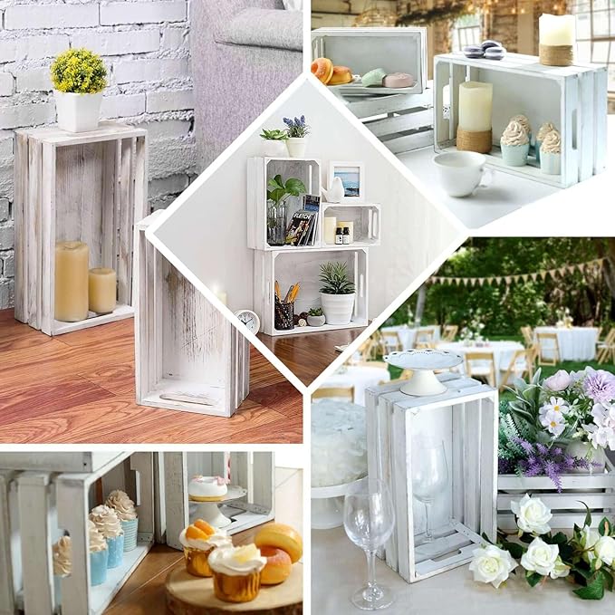 Efavormart Set of 3 Whitewash Wood Planter Crate Boxes with Plastic Liners, DIY Rustic Square Wooden Nesting Boxes for Farmhouse Table Centerpieces and Wedding Decor