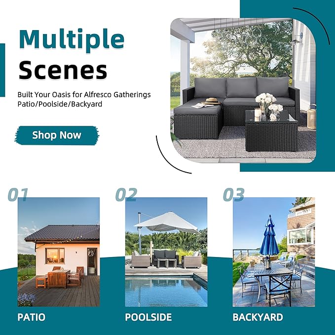 3-Piece Outdoor Patio Sectional Sofa Set with Glass Coffee Table & Ottoman — All-Weather PE Rattan Conversation Furniture, Black Rattan & Grey Cushions, Perfect for Garden, Backyard, Deck, Grey