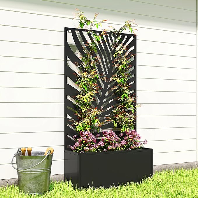 Outsunny Metal Raised Garden Bed with Trellis for Climbing Plants, Freestanding or Wall Mounted Flower Bed with Privacy Panel, Large Leaf Cut-Out Outdoor Planter Box for Garden, Patio, Balcony
