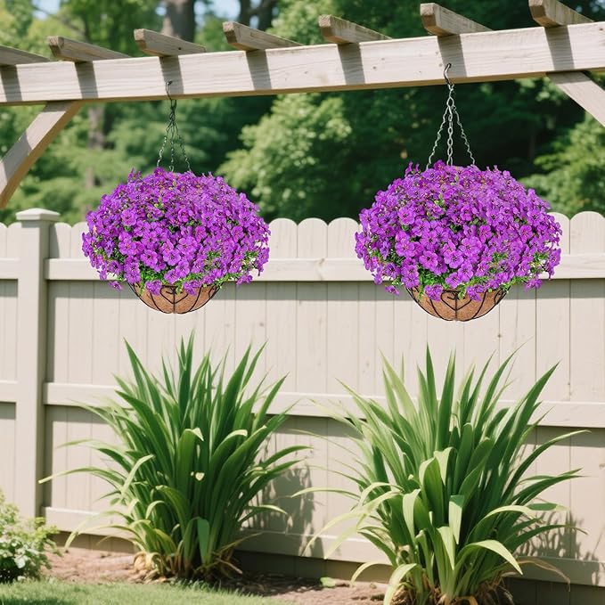 Artificial Hanging Flower for Outdoors, Fake Hanging Basket for Outside,1 Hanging Basket with 13 Pcs Faux Silk Flowers for Porch, Balcony and Patio Decor(Purple)