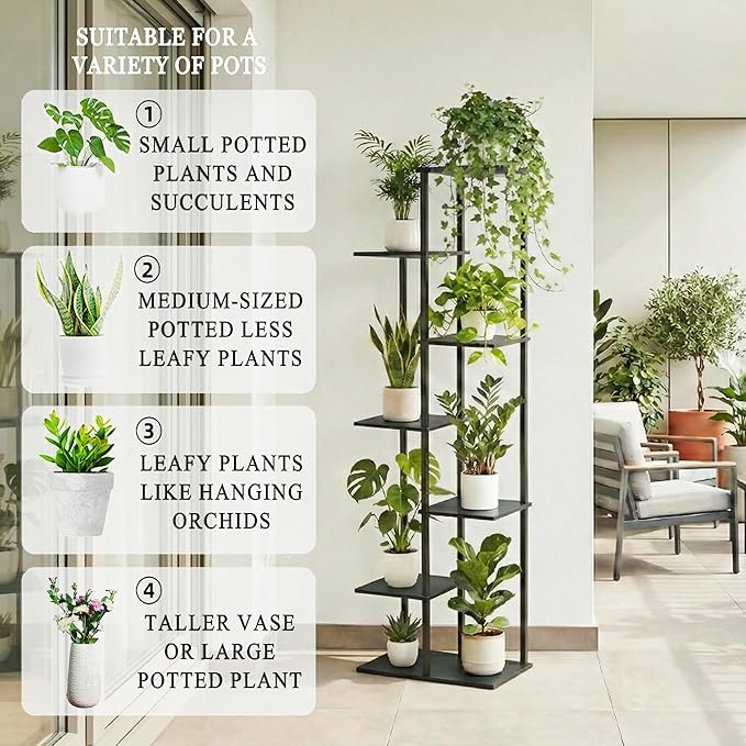 Plant Stand Indoor 7 Tier 8 Potted Metal Wood Plant Shelf, Multiple Flower Pots Corner Tall Plant Holder Stands for Living Room Balcony Bedroom, Black