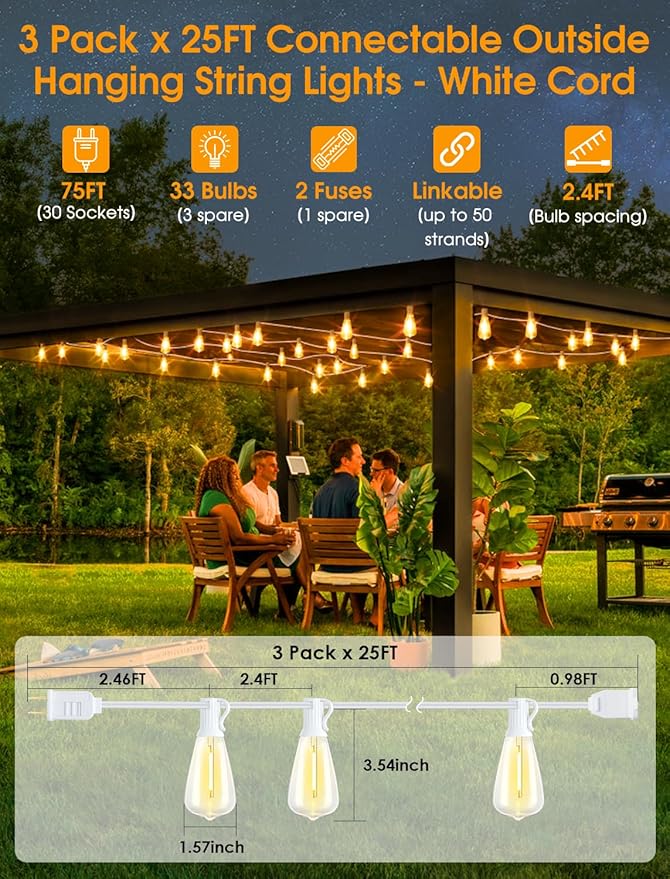 75FT(3x25FT) Outdoor String Lights, Patio Lights with 30+3 LED Dimmable Waterproof Connectable ST38 Bulbs for Gazebo Backyard Christmas, White