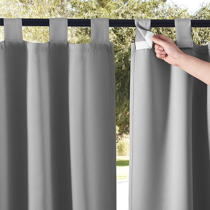 NICETOWN 2 Panels Patio Curtainss Outdoor Waterproof 84 Long, Detachable Sticky Tab Top Heavy Weight Blackout Sunblock Window Treatment, Keep Privacy for Gazebo/Dock, W52 x L84, Silver Grey