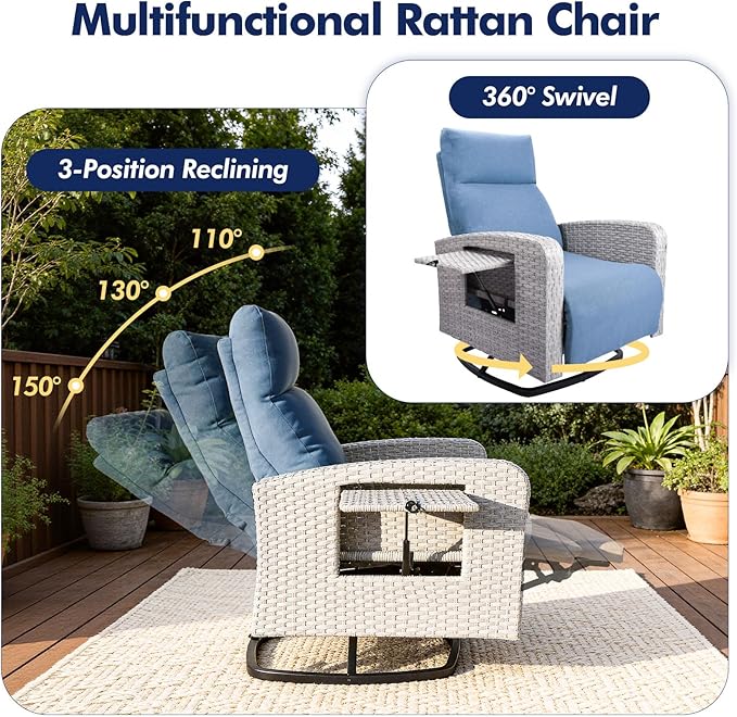Outdoor Recliner Chair, Wicker Patio Recliners with Adjustable Backrest and Extended Foot Rest, Reclining Patio Chairs with Flip Table & Removable Cushion Cover for Porch