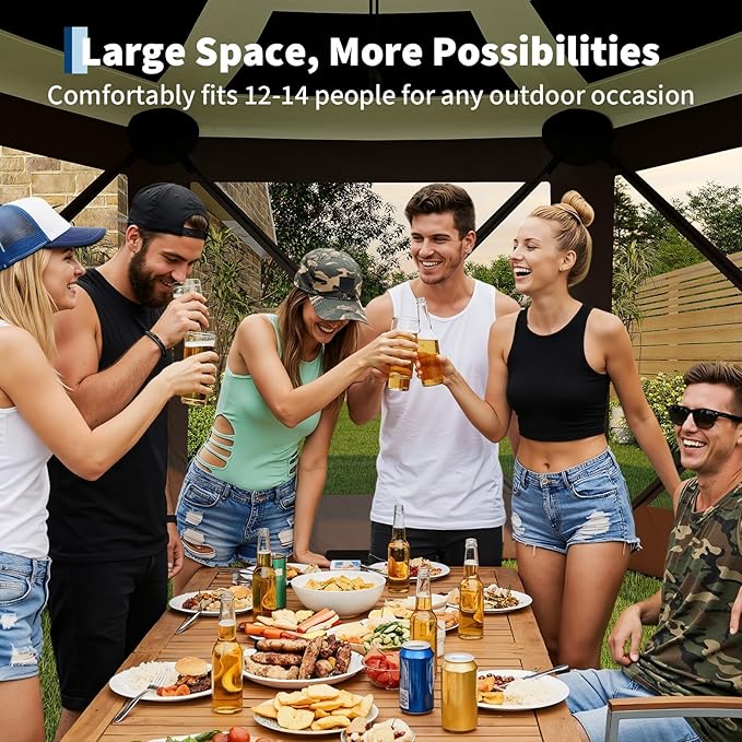 13x13FT 6-Sided Pop Up Gazebo Tent，One-Push Setup Canopy Tent with Removable Canopy Top & Wind Cloths, Outdoor shelter for Camping, Backyard Parties, Outdoor Events - Beige & Khaki