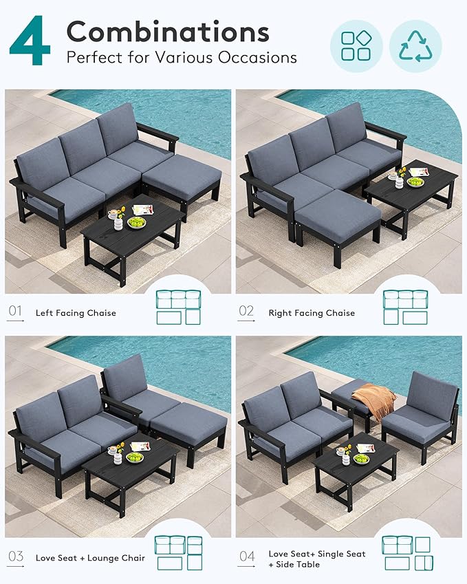 SERWALL Outdoor Sectional Sofa Set, 5-piece Outdoor Modula Couch Set with Ottoman, All Weather Patio Furniture Set with Chaise for Deck, Lawn, Black Frame with Gray Cushion