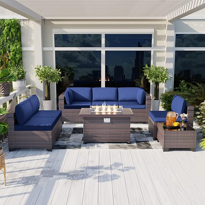 Kullavik 8 Pieces Outdoor Patio Furniture Set with 43" 55000BTU Gas Propane Fire Pit Table PE Wicker Rattan Sectional Sofa Patio Conversation Sets,Navy Blue