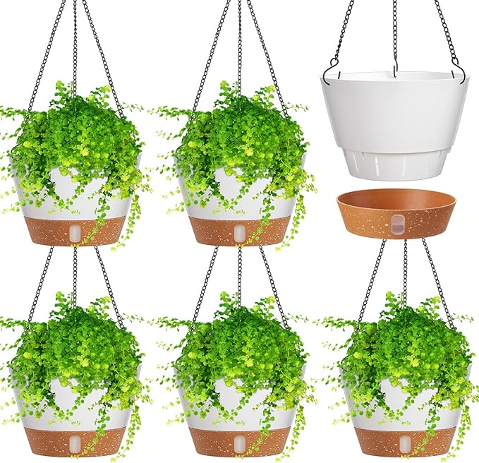 Amyhill 6 Pcs 8 Inch Hanging Planter for Indoor Plants Self Watering Hanging Pot Baskets with Drainage Hole Visible Water Level Tray with Hooks for Garden Outdoor(White)