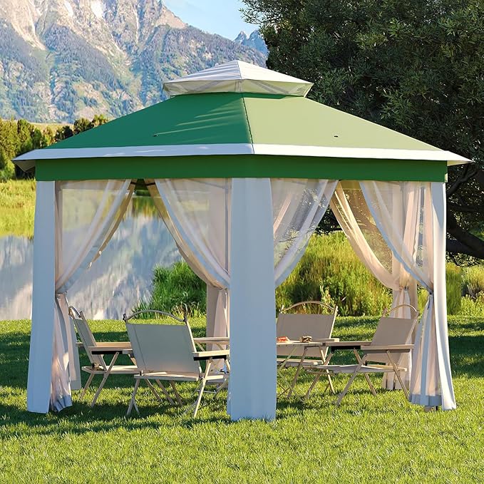 Garvee Pop Up Gazebo Screen Tent,Hexagonal Instant Gazebo Tent with Mosquito Netting Outdoor Canopy,6 Sided Sun Shelter 13x13ft with Mesh Netting,Pavilion Tents for Patio,Green+Beige