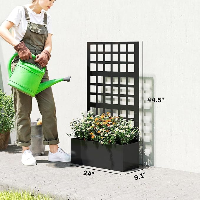 Outsunny Galvanized Raised Garden Bed with Trellis, Metal Planter Box with Drainage Holes, Outdoor Privacy Screen for Climbing Plants, Vegetable, Vines, 24" x 9" x 44.5", Black