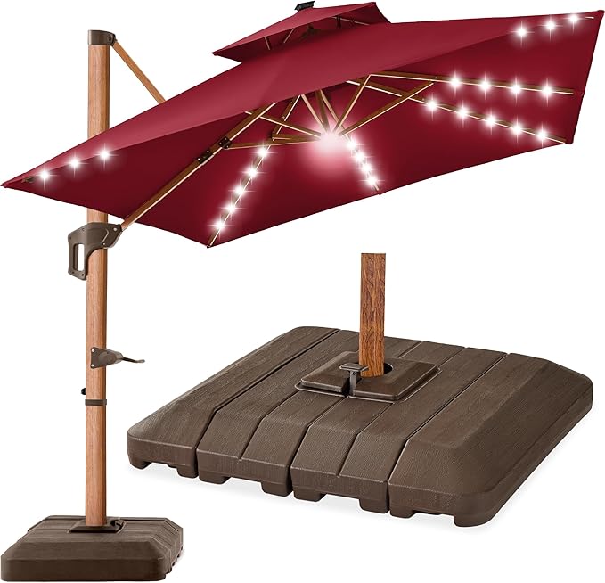 Best Choice Products 10ft Square Cantilever Patio Umbrella w/Base Included, Woodgrain Pattern Pole & Solar LED Lights, 360-Rotation, Offset Hanging Outdoor Shade - Burgundy