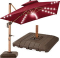 Best Choice Products 10ft Square Cantilever Patio Umbrella w/Base Included, Woodgrain Pattern Pole & Solar LED Lights, 360-Rotation, Offset Hanging Outdoor Shade - Burgundy
