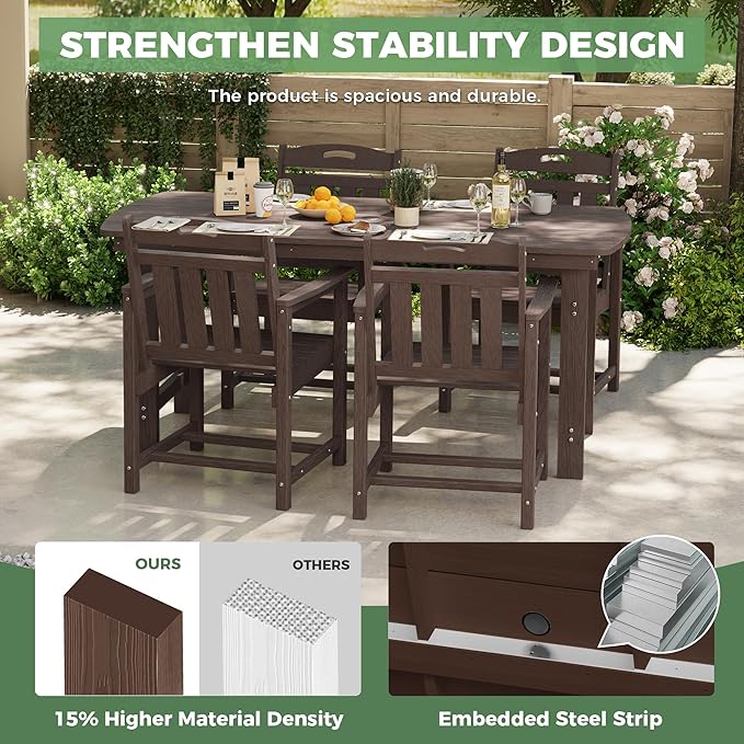 5-Piece Outdoor Dining Furniture Set with Chairs, All-Weather HDPE Patio Table and 4 Chairs, Umbrella Hole, for Garden Backyard or Deck - Brown