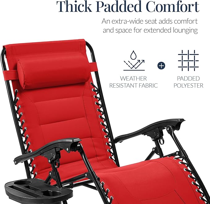 Best Choice Products Oversized Padded Zero Gravity Chair, Folding Outdoor Patio Recliner, XL Anti Gravity Lounger for Backyard w/Headrest, Cup Holder, Side Tray, Polyester Mesh - Crimson Red